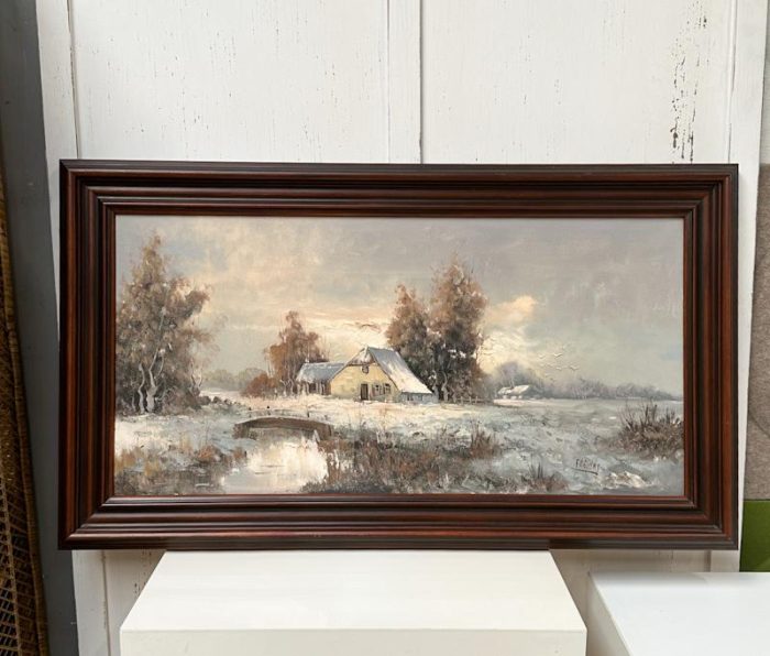 Grote olieverfschilderij "winter" op doek in vintage lijst