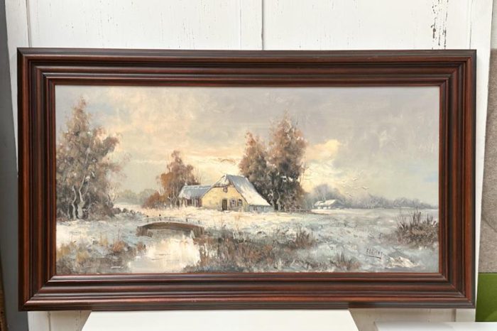 Grote olieverfschilderij "winter" op doek in vintage lijst - Afbeelding 3