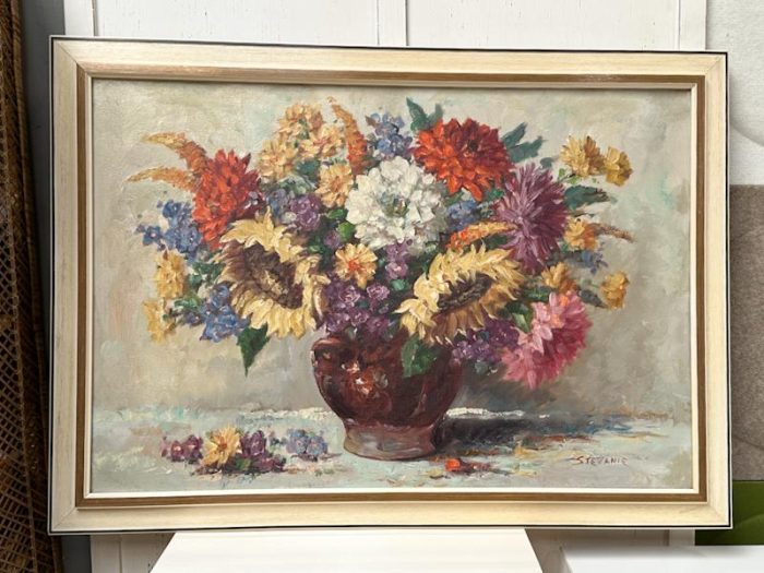 Grote olieverf schilderij "bloemen" op doek in vintage oude lijst gesigneerd - Afbeelding 2