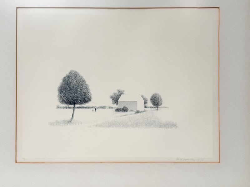 Vintage schilderij litho van Metten Koornstra "Landschap met bomen, man en vrouw" gesigneerd - Afbeelding 2