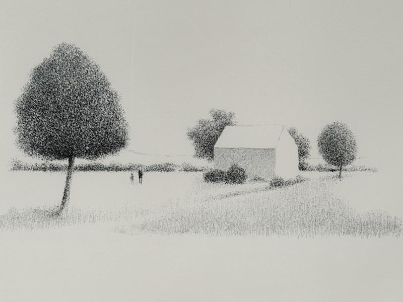 Vintage schilderij litho van Metten Koornstra "Landschap met bomen, man en vrouw" gesigneerd - Afbeelding 3