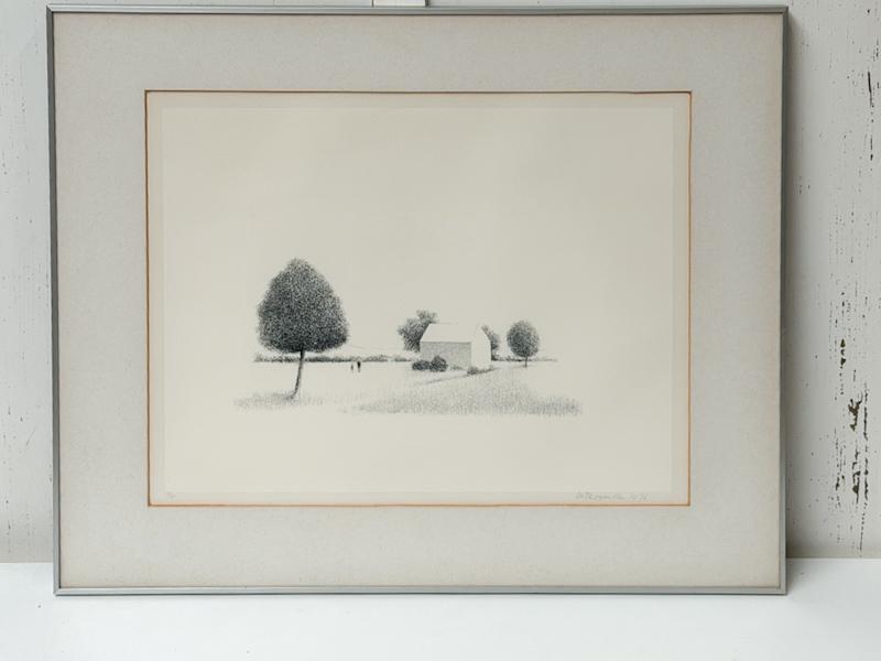 Vintage schilderij litho van Metten Koornstra "Landschap met bomen, man en vrouw" gesigneerd