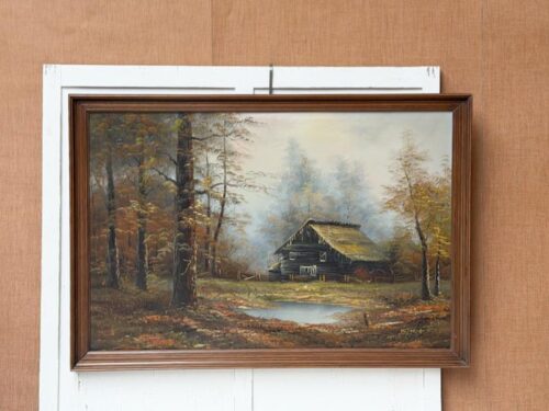 Vintage olieverfschilderij boslandschap met een hutje en een meertje jaren 1960 gesigneerd