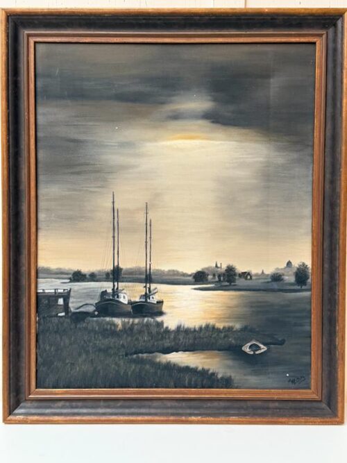 Olieverfschilderij op doek in oude lijst gesigneerd