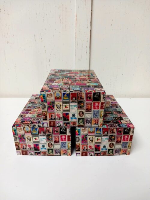 3 Decoratieve houten opbergdozen/ sieradendozen met postzegelafbeelding